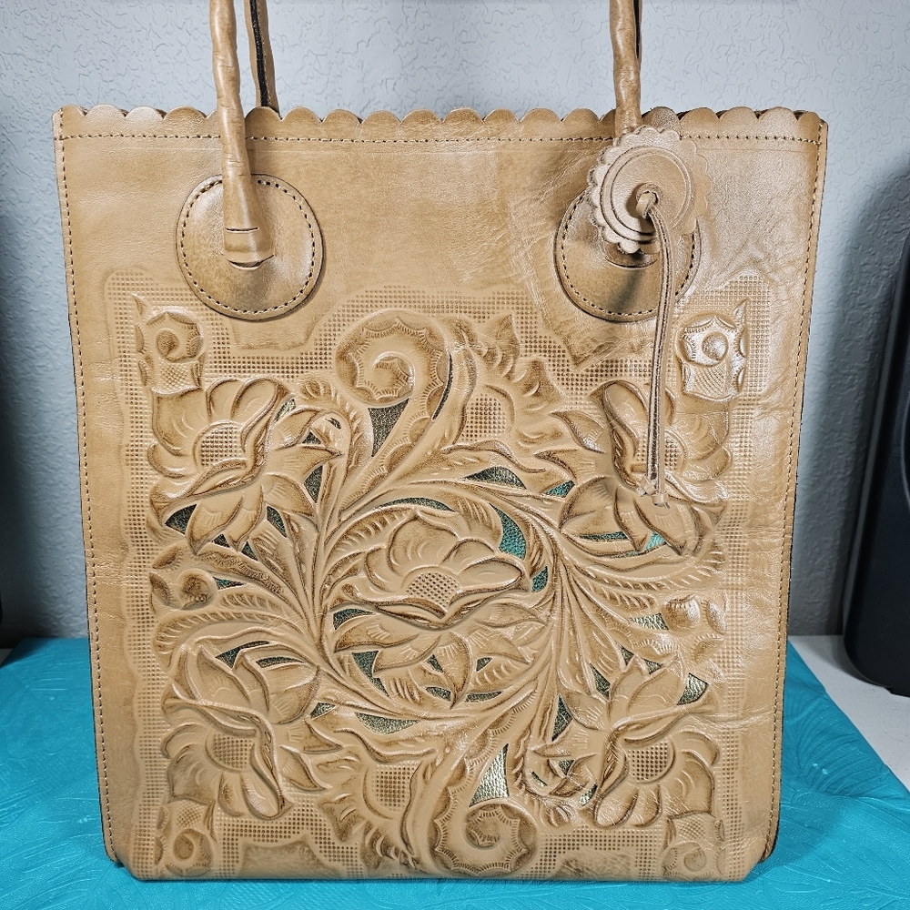 Patricia Nash Cavo Tooled Leather Tote Natural
